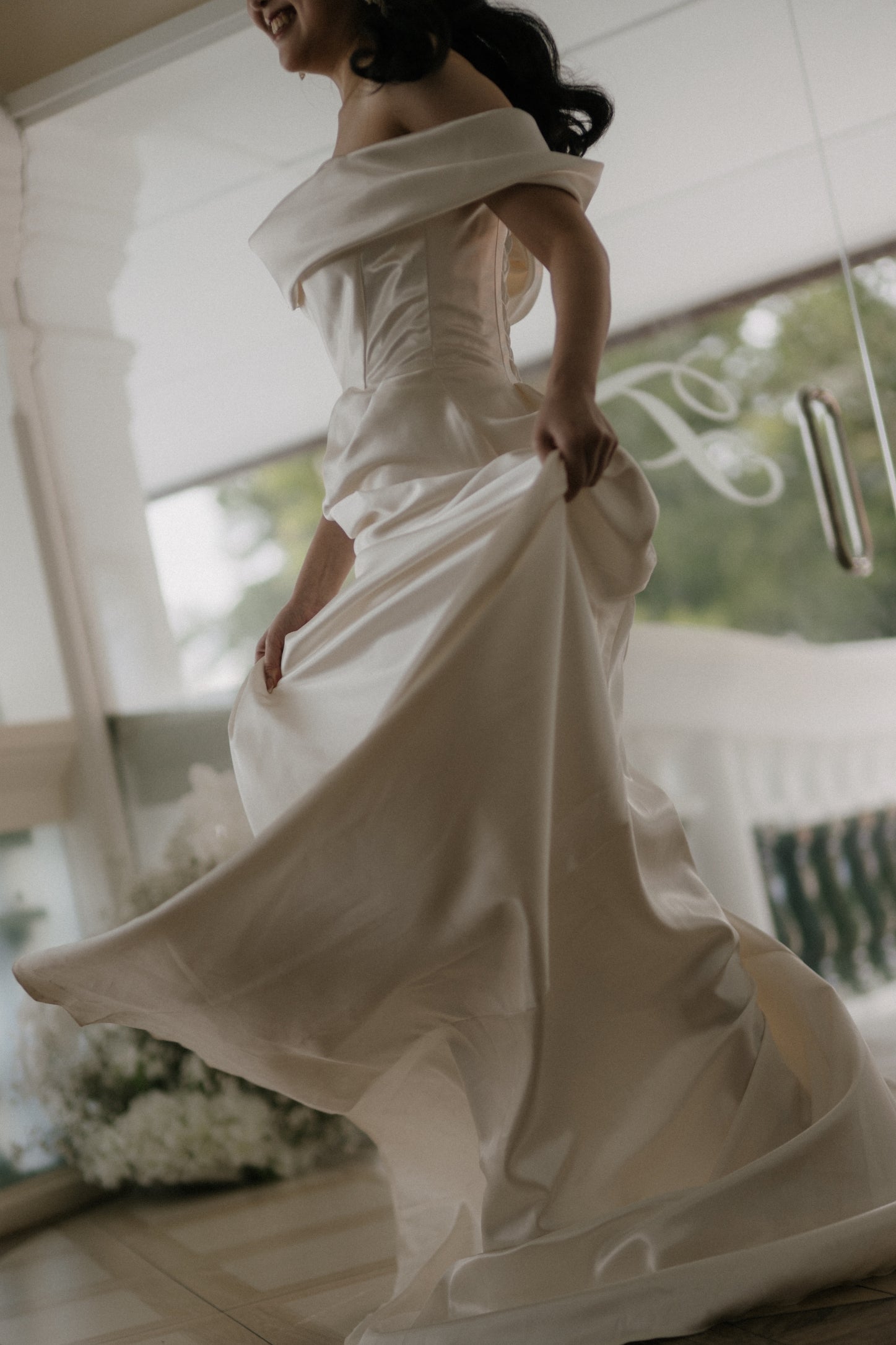 Sloane Off-the-Shoulder Ivory Satin A-Line Wedding Dress with Pockets | Bone and Grey Bridal | Affordable Minimal Wedding Dresses Online Canada USA Singapore