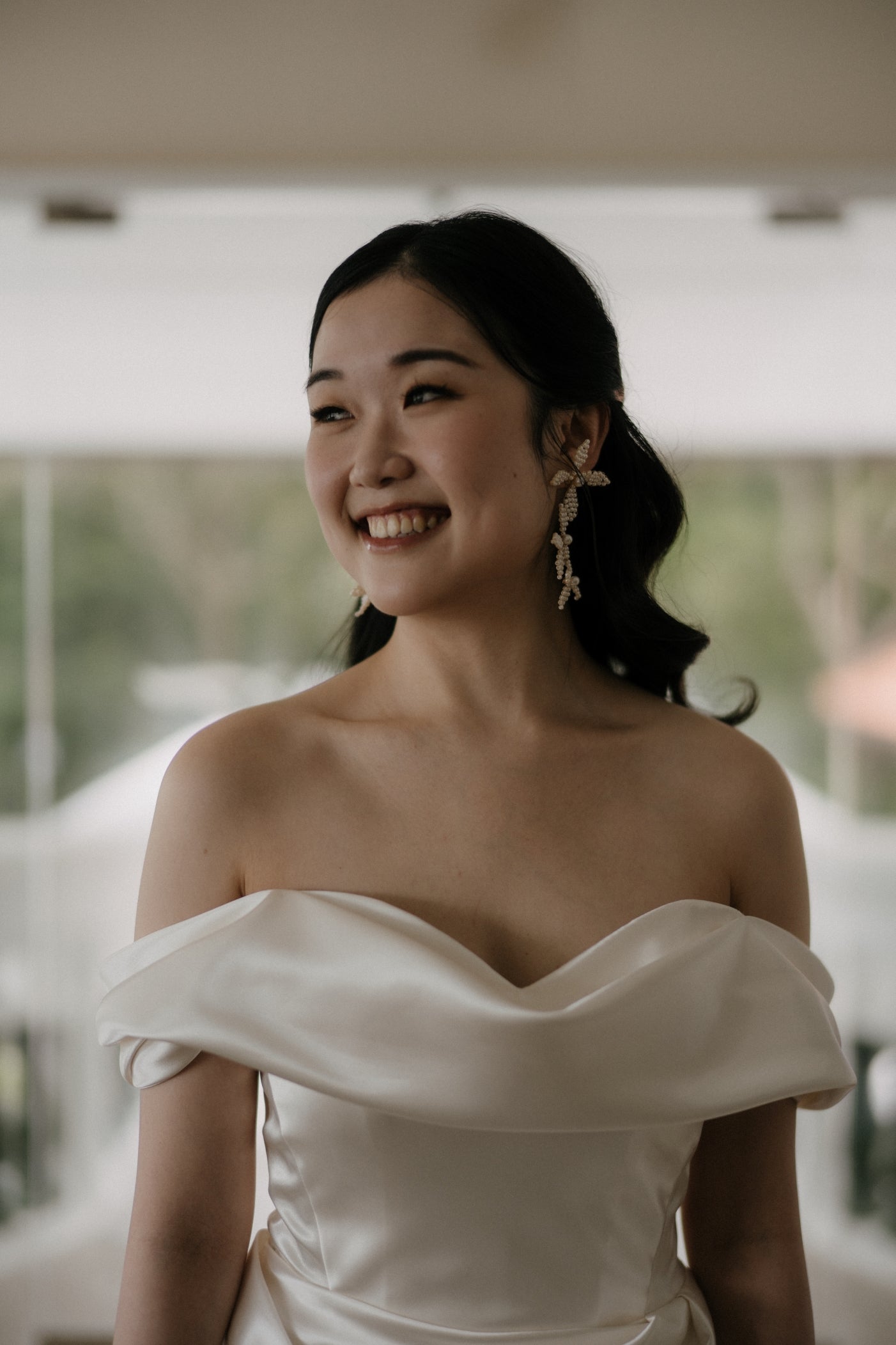 Sloane Off-the-Shoulder Ivory Satin A-Line Wedding Dress with Pockets | Bone and Grey Bridal | Affordable Minimal Wedding Dresses Online Canada USA Singapore