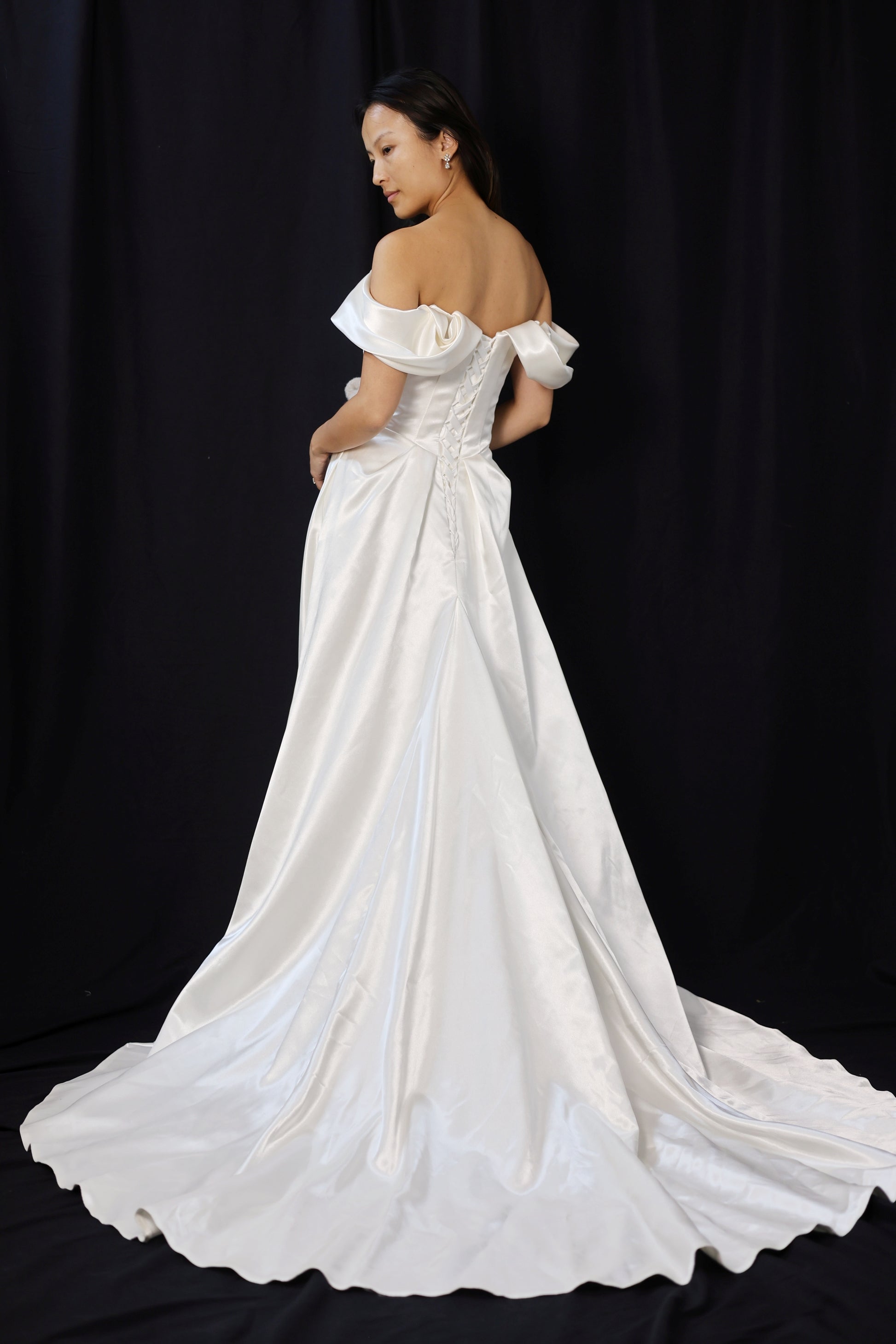 Sloane Off-the-Shoulder Ivory Satin A-Line Wedding Dress with Pockets | Bone and Grey Bridal | Affordable Minimal Wedding Dresses Online Canada USA Singapore