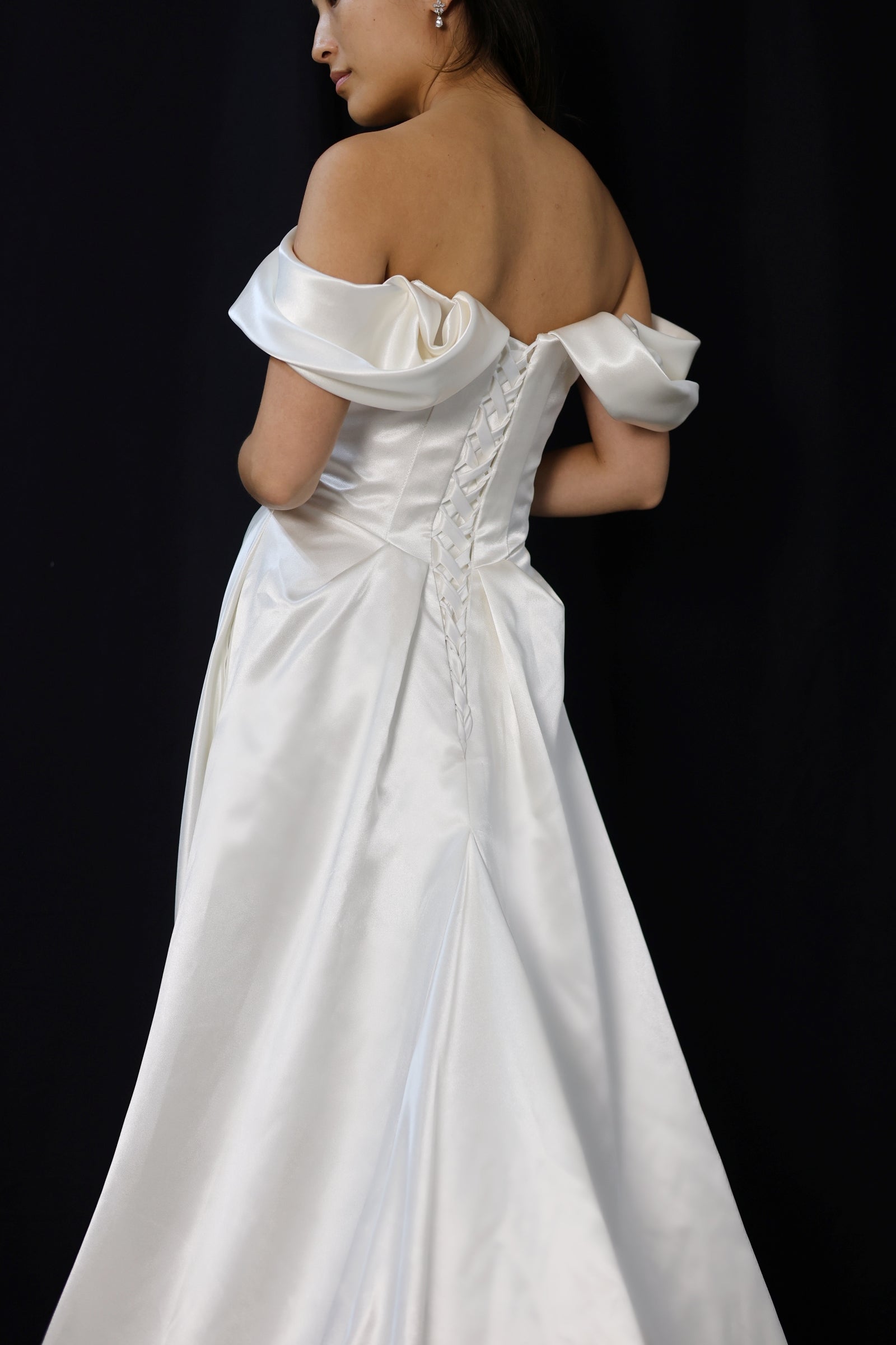 Sloane Off-the-Shoulder Ivory Satin A-Line Wedding Dress with Pockets | Bone and Grey Bridal | Affordable Minimal Wedding Dresses Online Canada USA Singapore