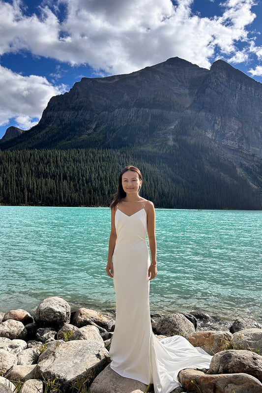 Sora 2.0 Freshwater Pearl Straps Crepe Column Wedding Dress | Bone and Grey Bridal | Affordable Minimal Simple Bridal Gowns Online Canada USA Singapore