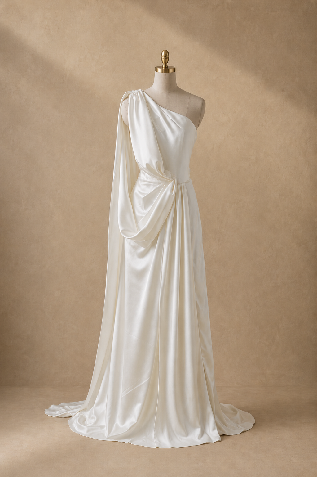 Tara One-Shoulder Champagne Satin Drape Wedding Dress Open Back Thigh Slit | Bone and Grey Bridal | Affordable Simple Bridal Gowns Online Canada USA Singapore