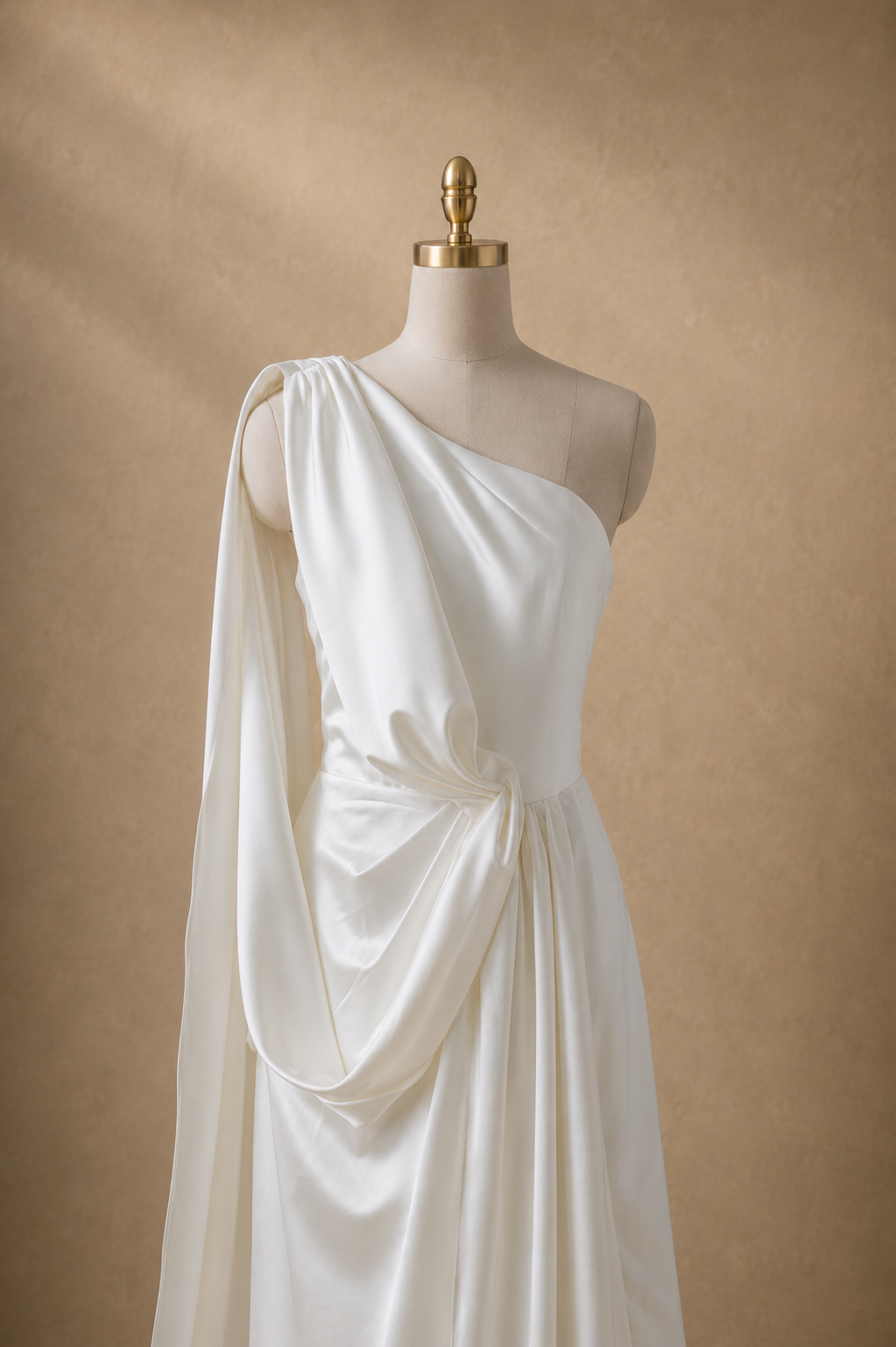 Tara One-Shoulder Champagne Satin Drape Wedding Dress Open Back Thigh Slit | Bone and Grey Bridal | Affordable Simple Bridal Gowns Online Canada USA Singapore