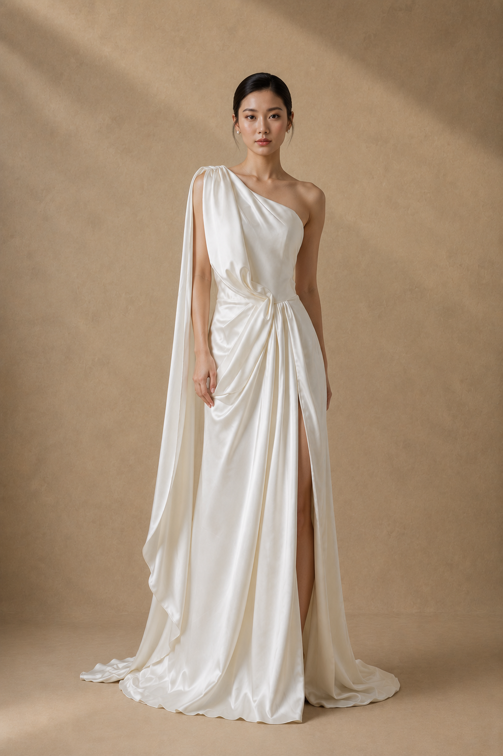 Tara One-Shoulder Champagne Satin Drape Wedding Dress Open Back Thigh Slit | Bone and Grey Bridal | Affordable Simple Bridal Gowns Online Canada USA Singapore