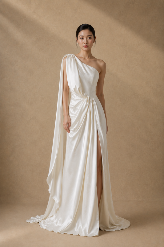Tara One-Shoulder Champagne Satin Drape Wedding Dress Open Back Thigh Slit | Bone and Grey Bridal | Affordable Simple Bridal Gowns Online Canada USA Singapore