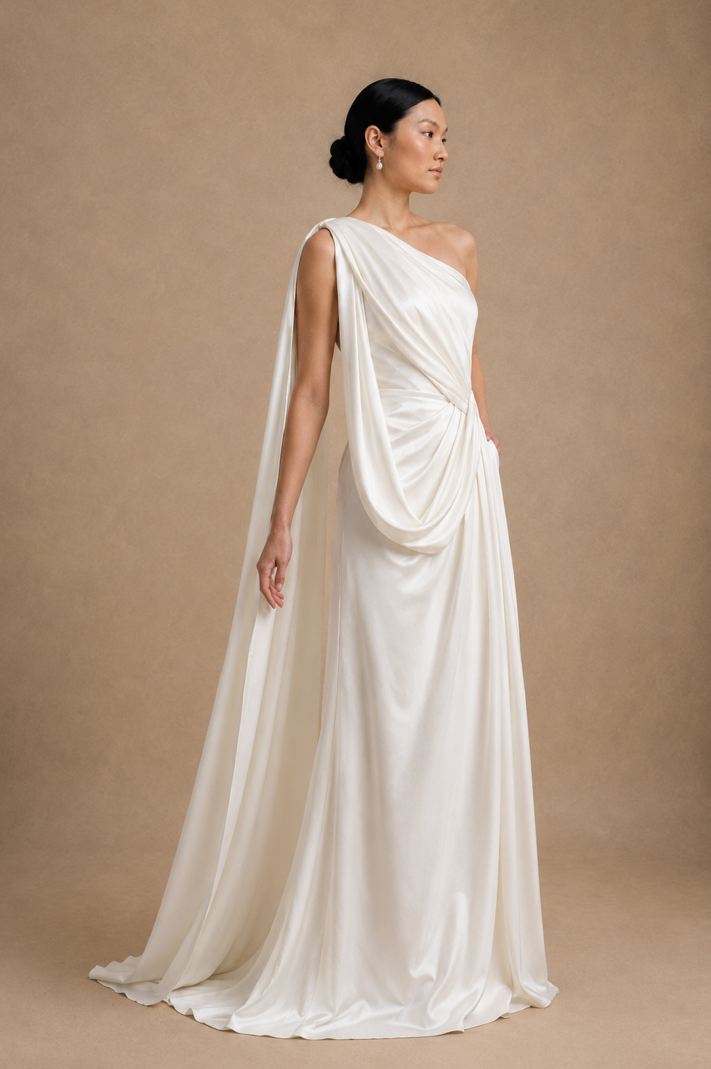 Tara One-Shoulder Champagne Satin Drape Wedding Dress Open Back Thigh Slit | Bone and Grey Bridal | Affordable Simple Bridal Gowns Online Canada USA Singapore