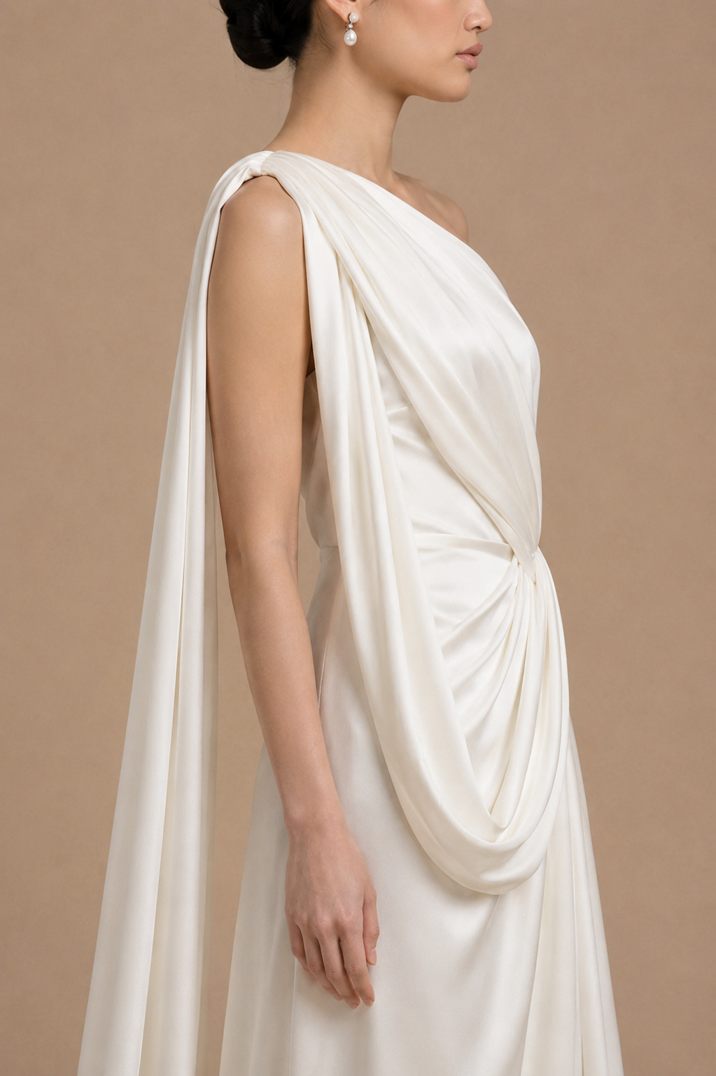 Tara One-Shoulder Champagne Satin Drape Wedding Dress Open Back Thigh Slit | Bone and Grey Bridal | Affordable Simple Bridal Gowns Online Canada USA Singapore