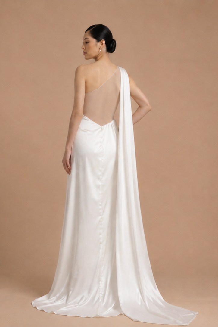 Tara One-Shoulder Champagne Satin Drape Wedding Dress Open Back Thigh Slit | Bone and Grey Bridal | Affordable Simple Bridal Gowns Online Canada USA Singapore