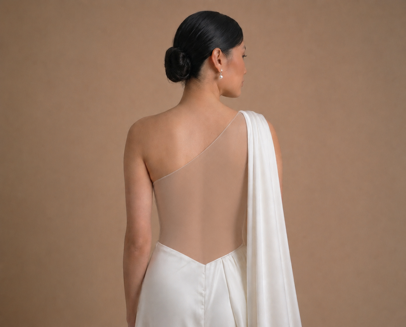 Tara One-Shoulder Champagne Satin Drape Wedding Dress Open Back Thigh Slit | Bone and Grey Bridal | Affordable Simple Bridal Gowns Online Canada USA Singapore