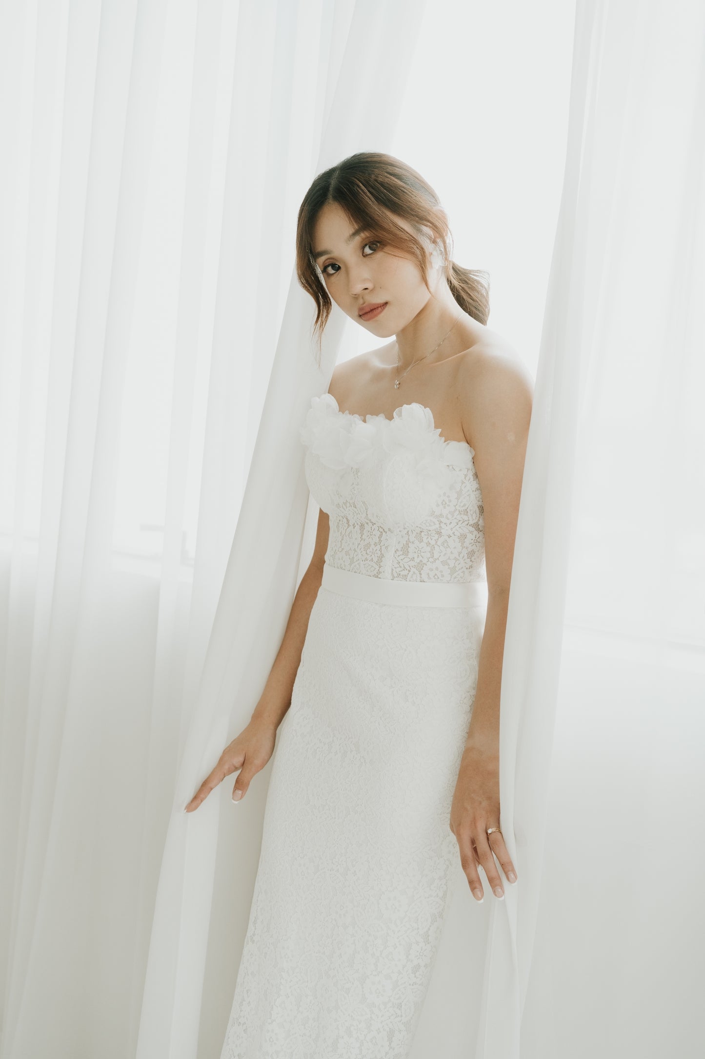 Tiffany Sweetheart Chantilly Lace Column Wedding Dress | Bone and Grey Bridal | Affordable minimal wedding dresses online Canada Singapore USA