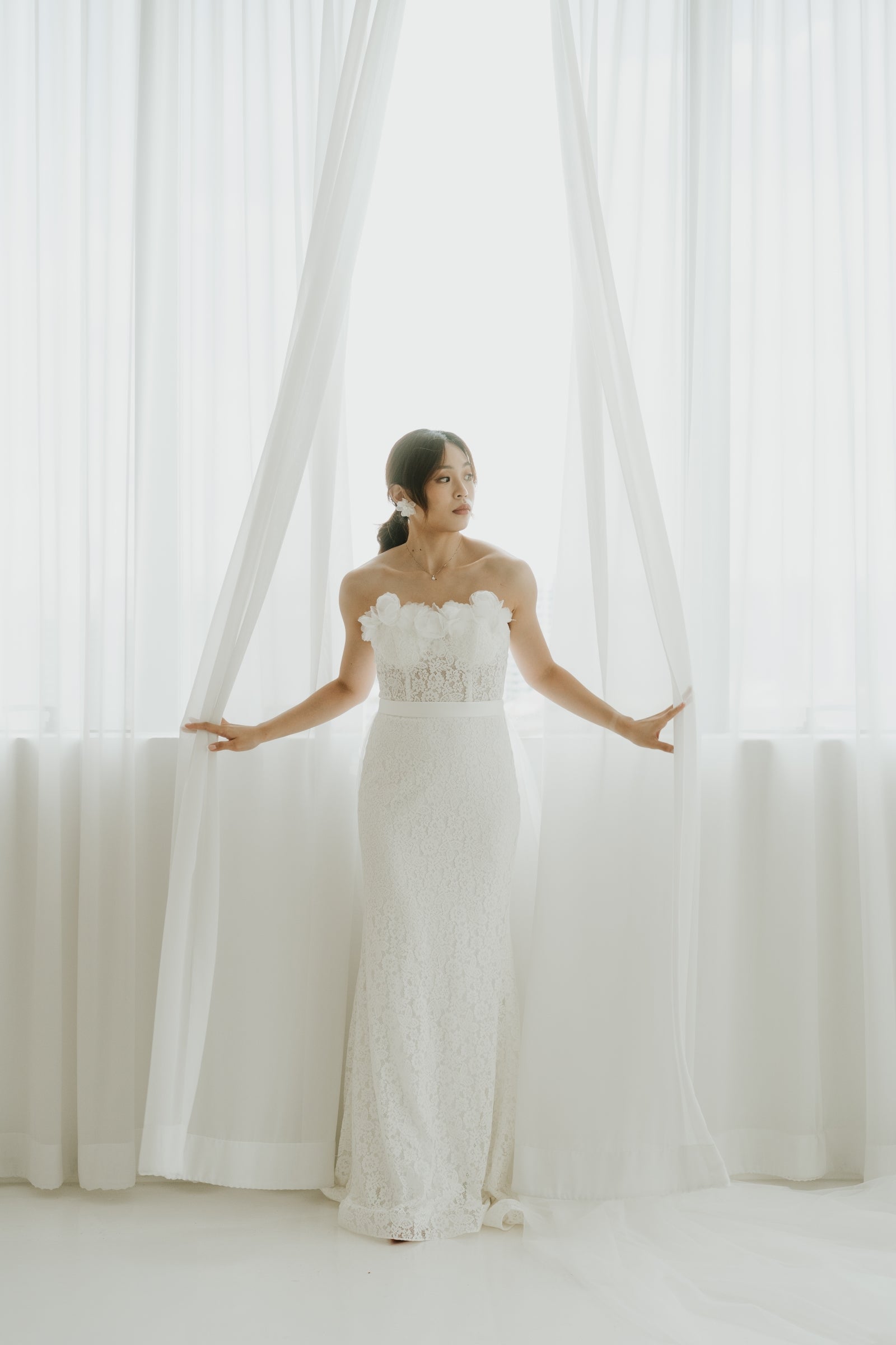 Tiffany Sweetheart Chantilly Lace Column Wedding Dress | Bone and Grey Bridal | Affordable minimal wedding dresses online Canada Singapore USA