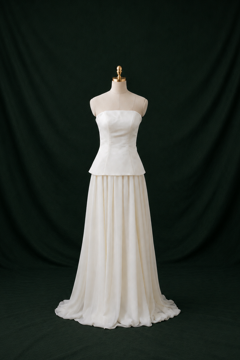 Tina Strapless Satin & Chiffon A-Line Wedding Gown | Bone and Grey Bridal | Affordable Simple Bridal Gowns Online Canada USA Singapore