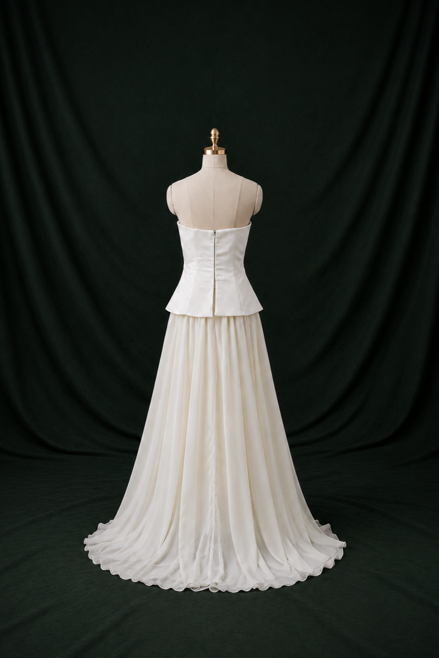 Tina Strapless Satin & Chiffon A-Line Wedding Gown | Bone and Grey Bridal | Affordable Simple Bridal Gowns Online Canada USA Singapore