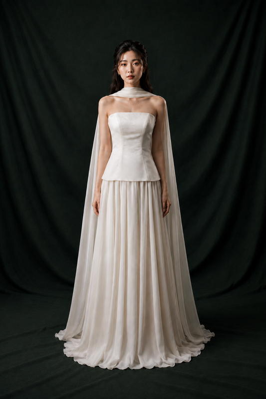 Tina Strapless Satin & Chiffon A-Line Wedding Gown | Bone and Grey Bridal | Affordable Simple Bridal Gowns Online Canada USA Singapore