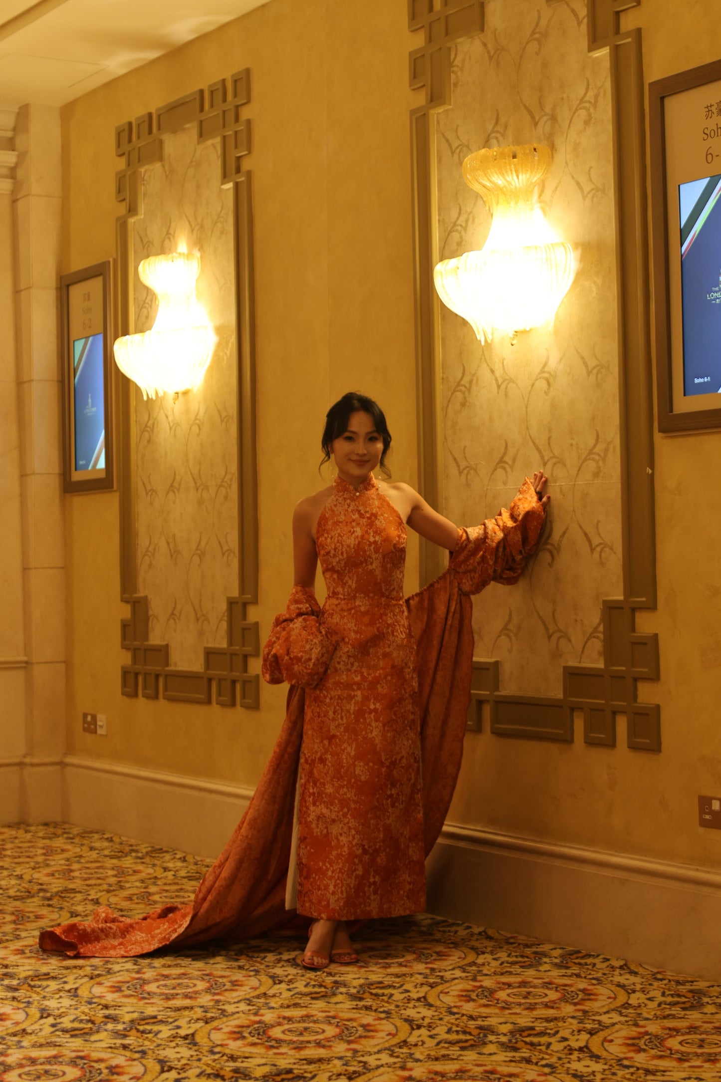 Vivian Mandarin Collar Modern Jacquard Qipao Cheongsam Dress with Cape | Bone and Grey Bridal | Affordable Simple Bridal Gowns Online Canada USA Singapore
