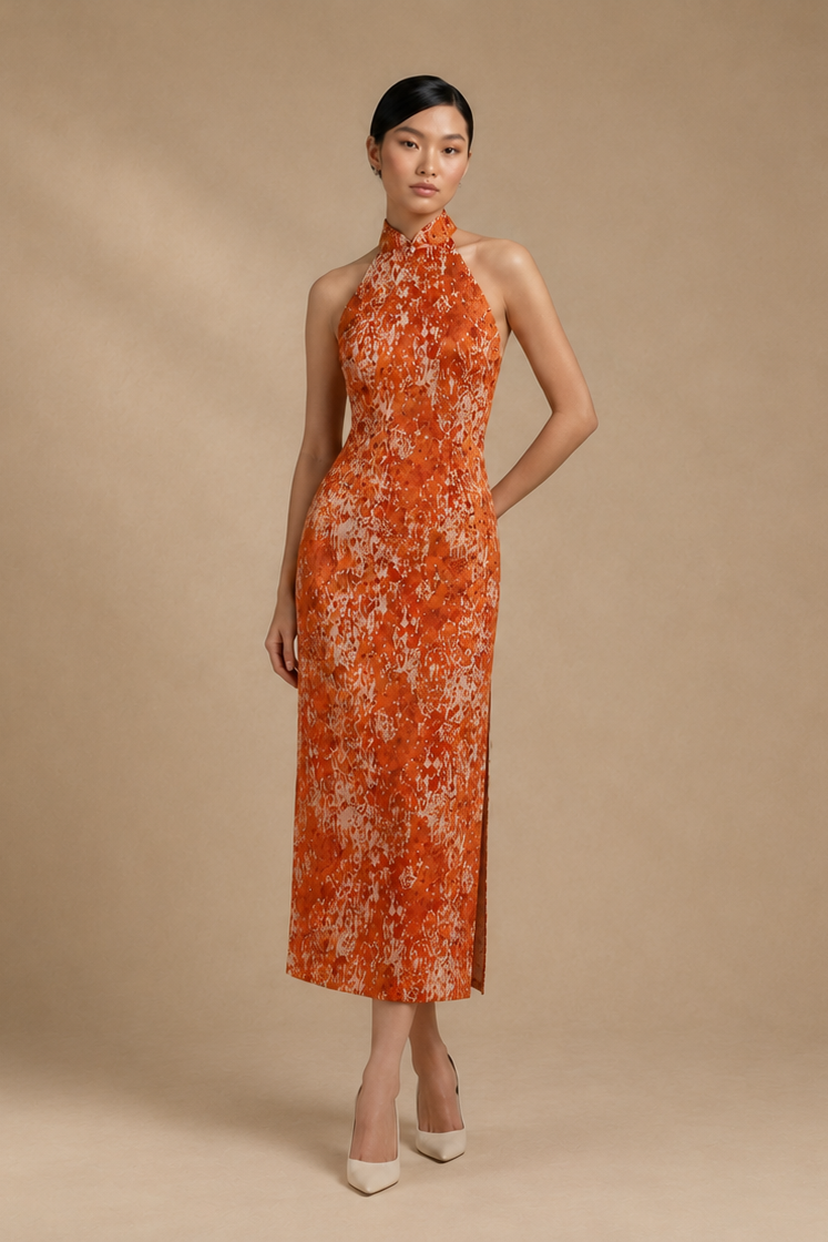 Vivian Mandarin Collar Modern Jacquard Qipao Cheongsam Dress with Cape | Bone and Grey Bridal | Affordable Simple Bridal Gowns Online Canada USA Singapore