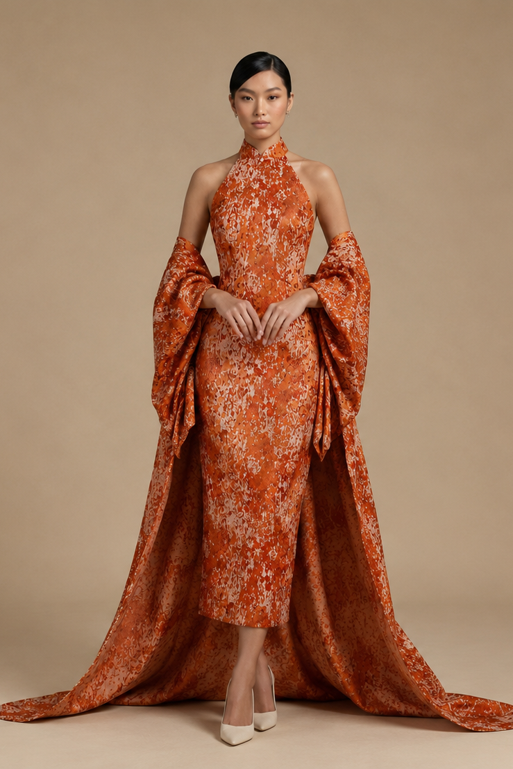 Vivian Mandarin Collar Modern Jacquard Qipao Cheongsam Dress with Cape | Bone and Grey Bridal | Affordable Simple Bridal Gowns Online Canada USA Singapore
