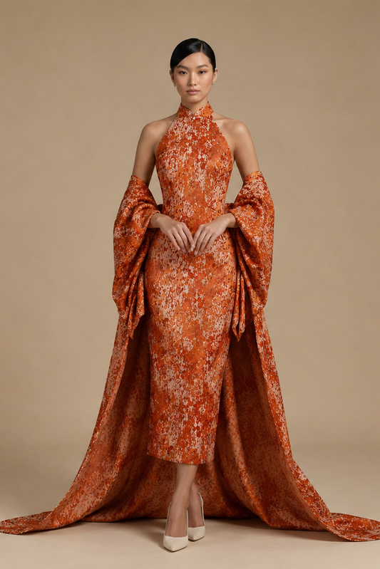 Vivian Mandarin Collar Modern Jacquard Qipao Cheongsam Dress with Cape | Bone and Grey Bridal | Affordable Simple Bridal Gowns Online Canada USA Singapore