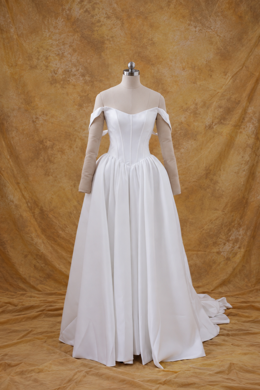 Yoko A-Line Basque Waist Duchess Satin Off-Shoulder Wedding Gown | Bone and Grey Bridal | Affordable Simple Bridal Gowns Online Canada USA Singapore