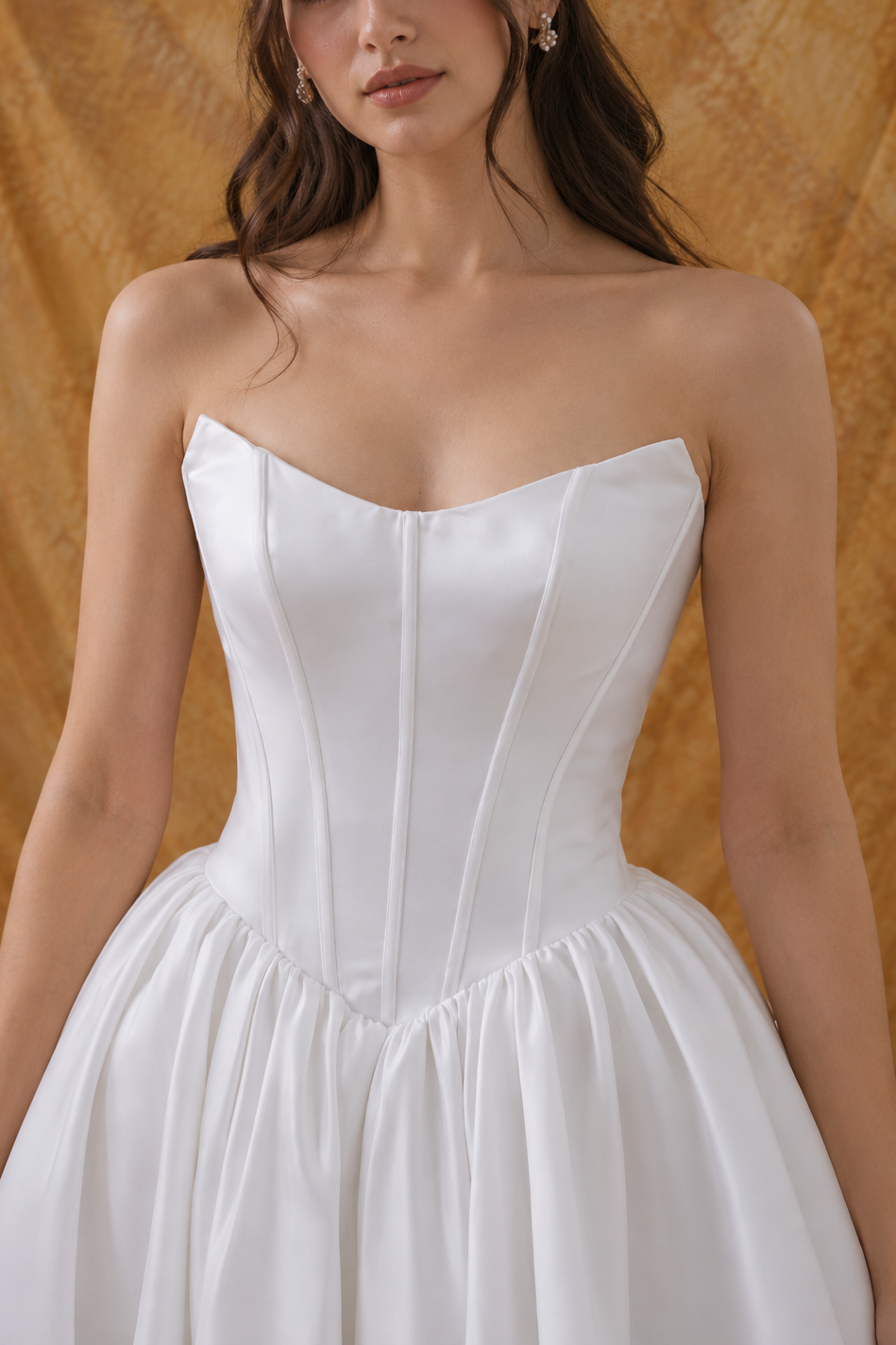 Yoko A-Line Basque Waist Duchess Satin Off-Shoulder Wedding Gown | Bone and Grey Bridal | Affordable Simple Bridal Gowns Online Canada USA Singapore