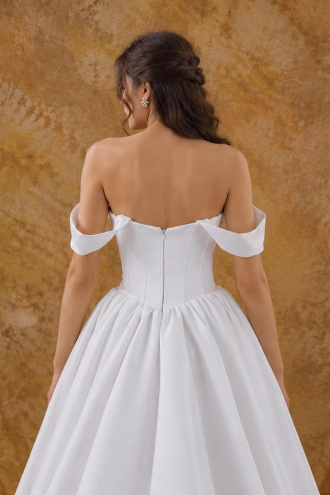 Yoko A-Line Basque Waist Duchess Satin Off-Shoulder Wedding Gown | Bone and Grey Bridal | Affordable Simple Bridal Gowns Online Canada USA Singapore