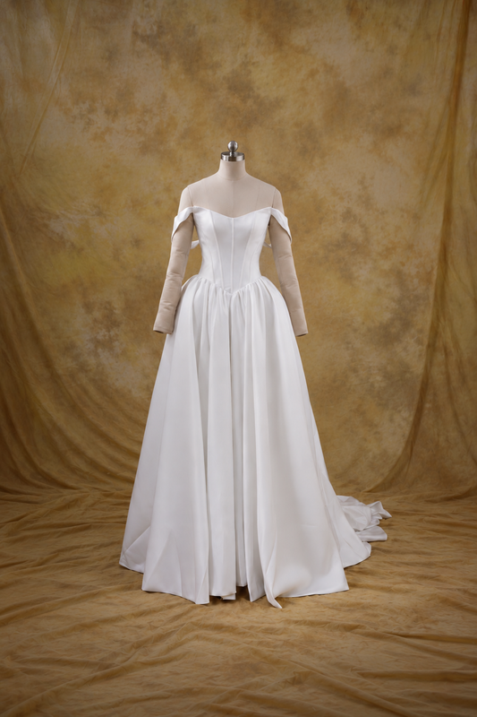 Yoko A-Line Basque Waist Duchess Satin Off-Shoulder Wedding Gown | Bone and Grey Bridal | Affordable Simple Bridal Gowns Online Canada USA Singapore
