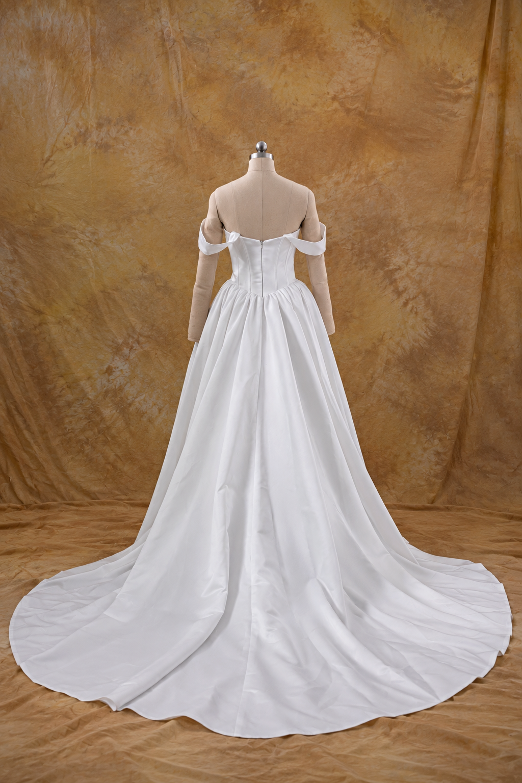 Yoko A-Line Basque Waist Duchess Satin Off-Shoulder Wedding Gown | Bone and Grey Bridal | Affordable Simple Bridal Gowns Online Canada USA Singapore