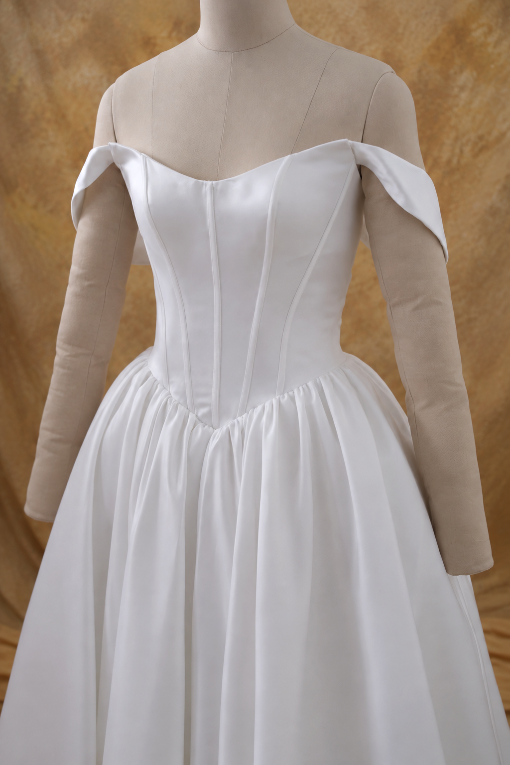 Yoko A-Line Basque Waist Duchess Satin Off-Shoulder Wedding Gown | Bone and Grey Bridal | Affordable Simple Bridal Gowns Online Canada USA Singapore