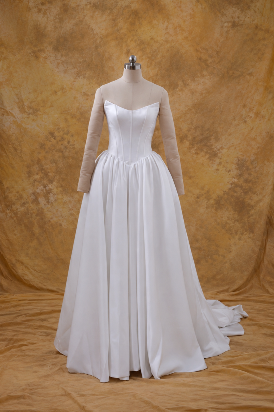 Yoko A-Line Basque Waist Duchess Satin Off-Shoulder Wedding Gown | Bone and Grey Bridal | Affordable Simple Bridal Gowns Online Canada USA Singapore