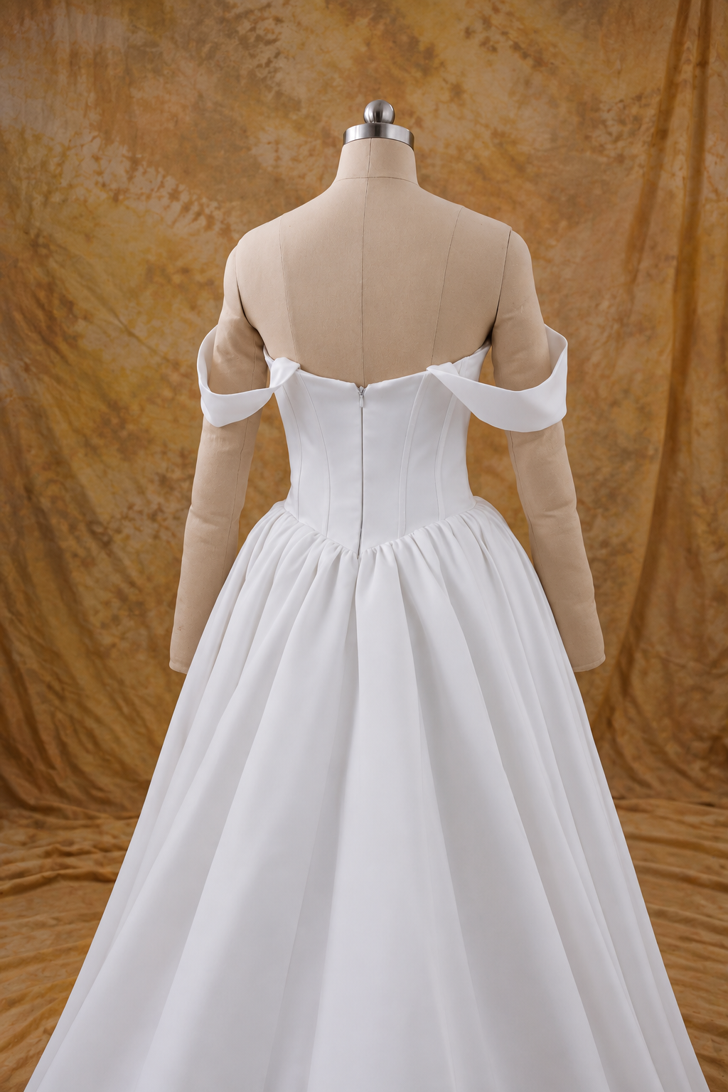 Yoko A-Line Basque Waist Duchess Satin Off-Shoulder Wedding Gown | Bone and Grey Bridal | Affordable Simple Bridal Gowns Online Canada USA Singapore