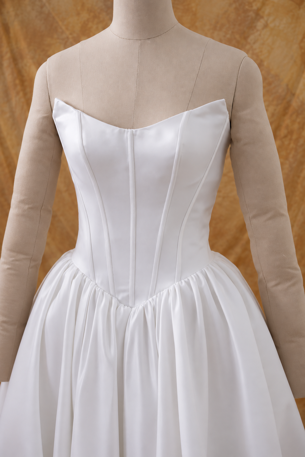 Yoko A-Line Basque Waist Duchess Satin Off-Shoulder Wedding Gown | Bone and Grey Bridal | Affordable Simple Bridal Gowns Online Canada USA Singapore