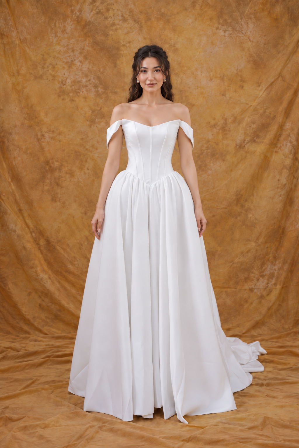 Yoko A-Line Basque Waist Duchess Satin Off-Shoulder Wedding Gown | Bone and Grey Bridal | Affordable Simple Bridal Gowns Online Canada USA Singapore
