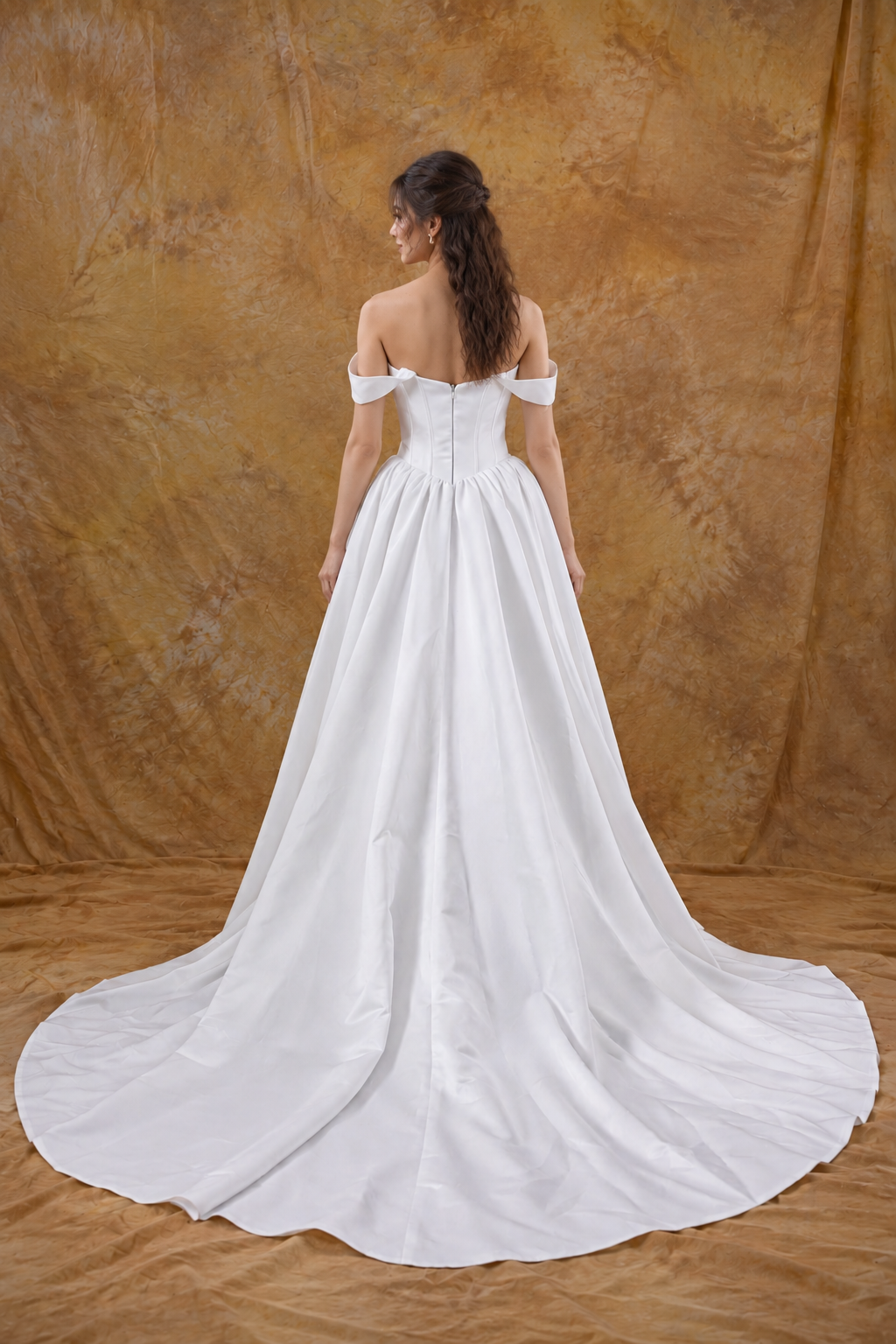 Yoko A-Line Basque Waist Duchess Satin Off-Shoulder Wedding Gown | Bone and Grey Bridal | Affordable Simple Bridal Gowns Online Canada USA Singapore