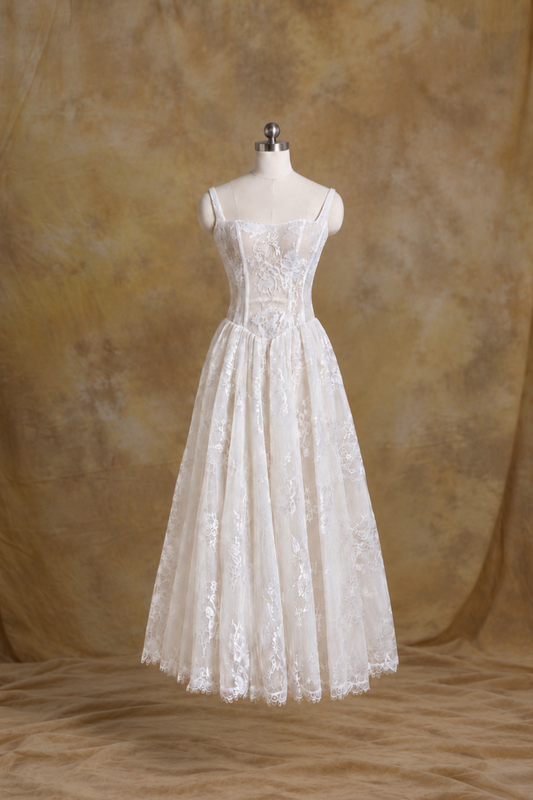 Yuli Convertible French Lace Midi A-Line Bridal Dress | Bone and Grey Bridal | Affordable Simple Bridal Gowns Online Canada USA Singapore