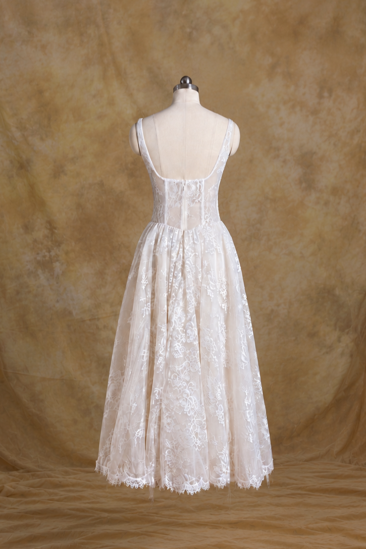 Yuli Convertible French Lace Midi A-Line Bridal Dress | Bone and Grey Bridal | Affordable Simple Bridal Gowns Online Canada USA Singapore