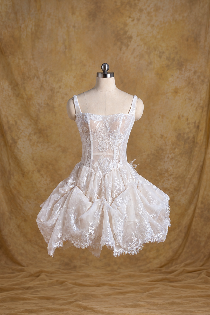 Yuli Convertible French Lace Midi A-Line Bridal Dress | Bone and Grey Bridal | Affordable Simple Bridal Gowns Online Canada USA Singapore