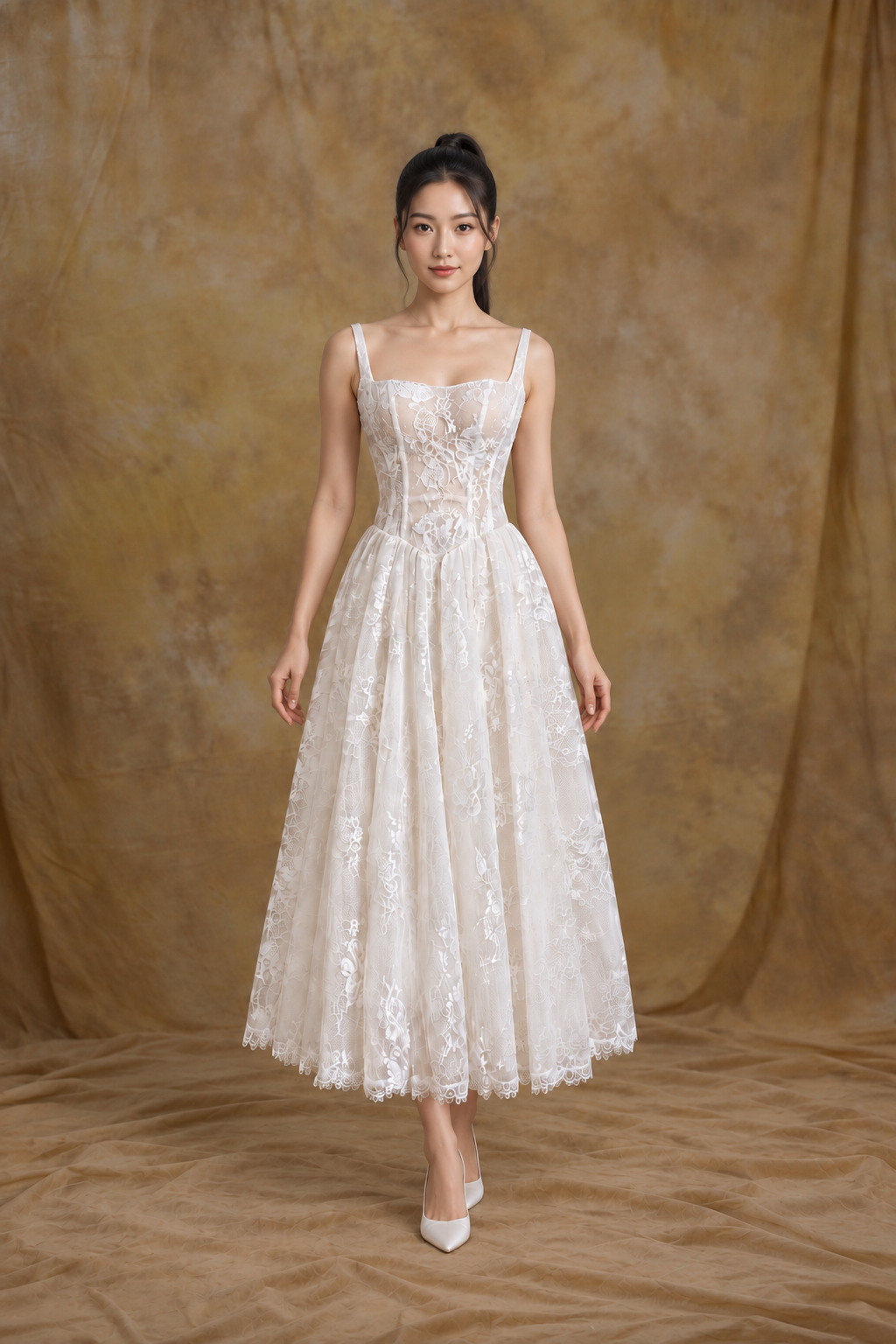 Yuli Convertible French Lace Midi A-Line Bridal Dress | Bone and Grey Bridal | Affordable Simple Bridal Gowns Online Canada USA Singapore