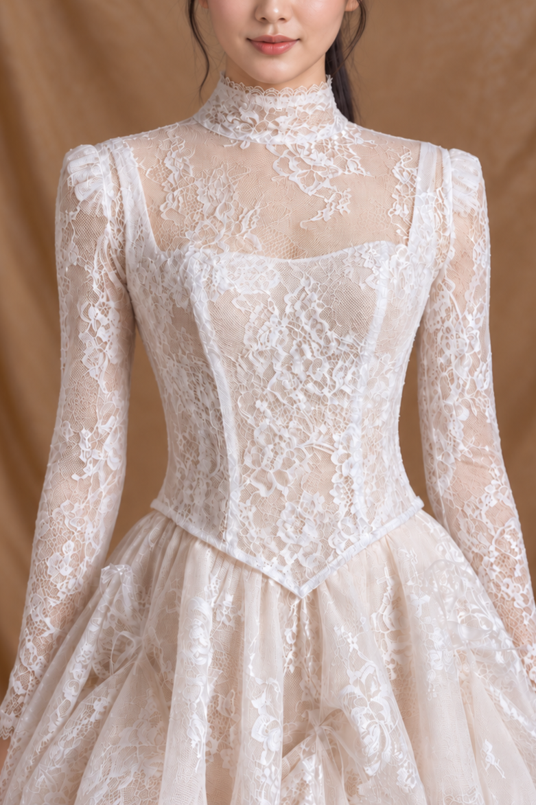 Yuli Convertible French Lace Midi A-Line Bridal Dress with Long Sleeves Overlay | Bone and Grey Bridal | Affordable Simple Bridal Gowns Online Canada USA Singapore