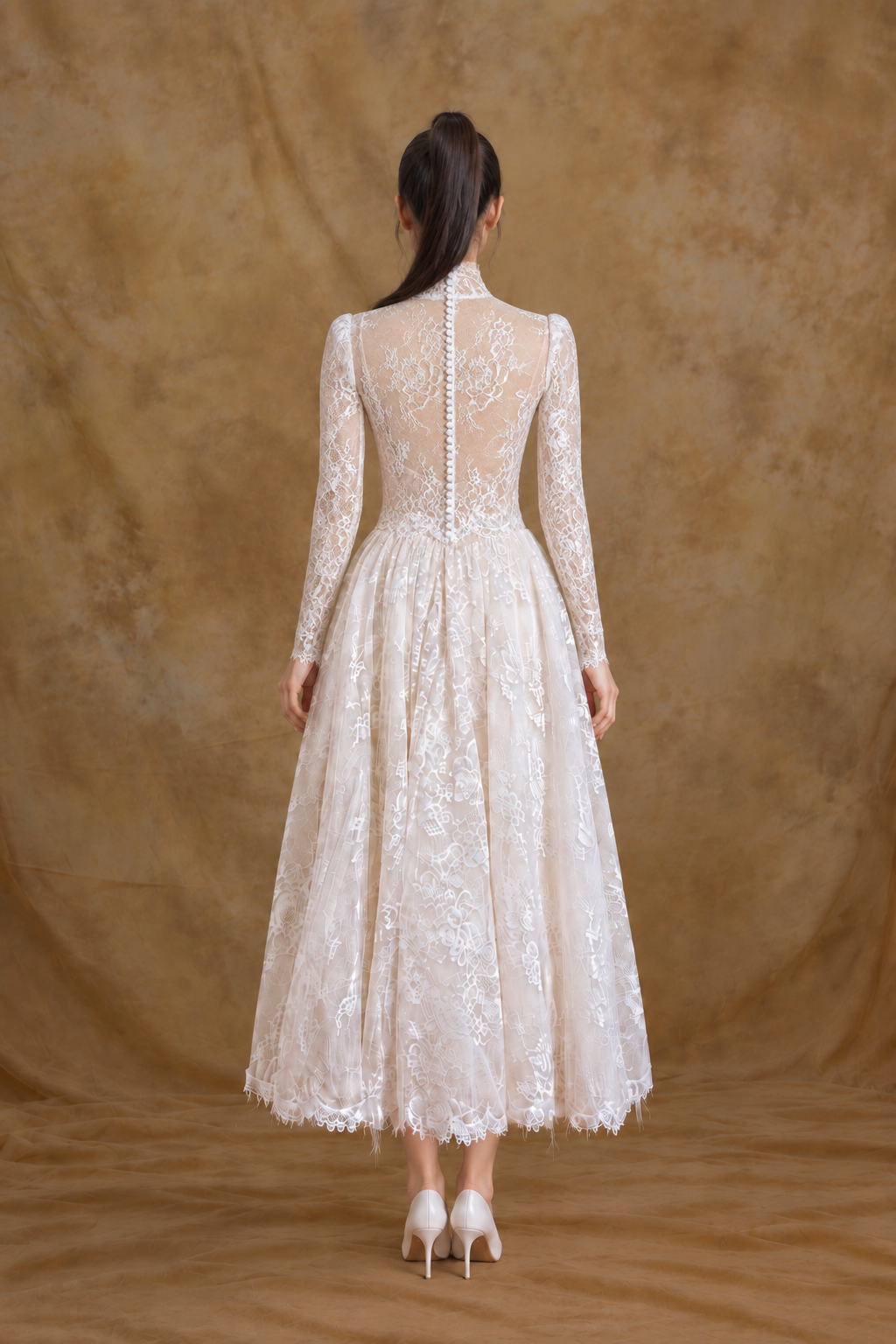 Yuli Convertible French Lace Midi A-Line Bridal Dress with Long Sleeves Overlay | Bone and Grey Bridal | Affordable Simple Bridal Gowns Online Canada USA Singapore