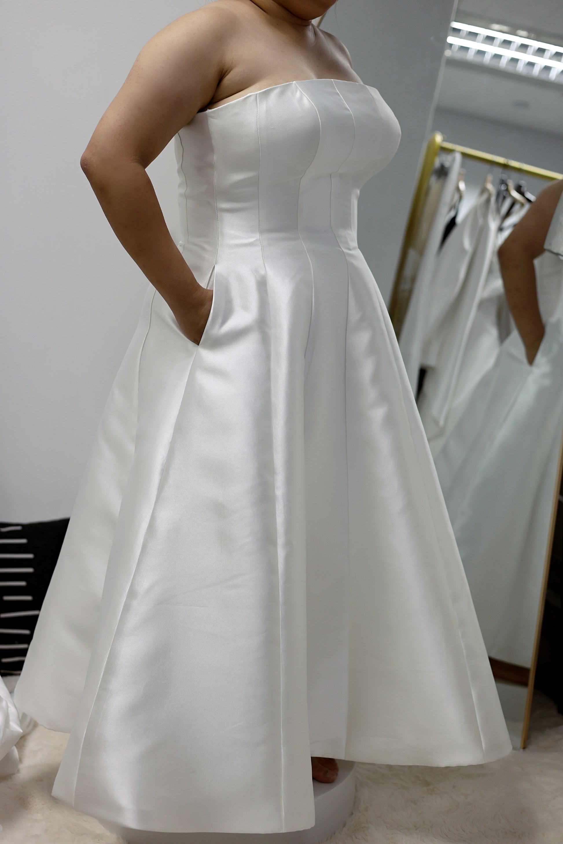 Aisha Strapless Straight Neckline A-Line Mikado Wedding Dress | Bone and Grey Bridal | Affordable Minimal Simple Bridal Gowns Online Canada USA Singapore