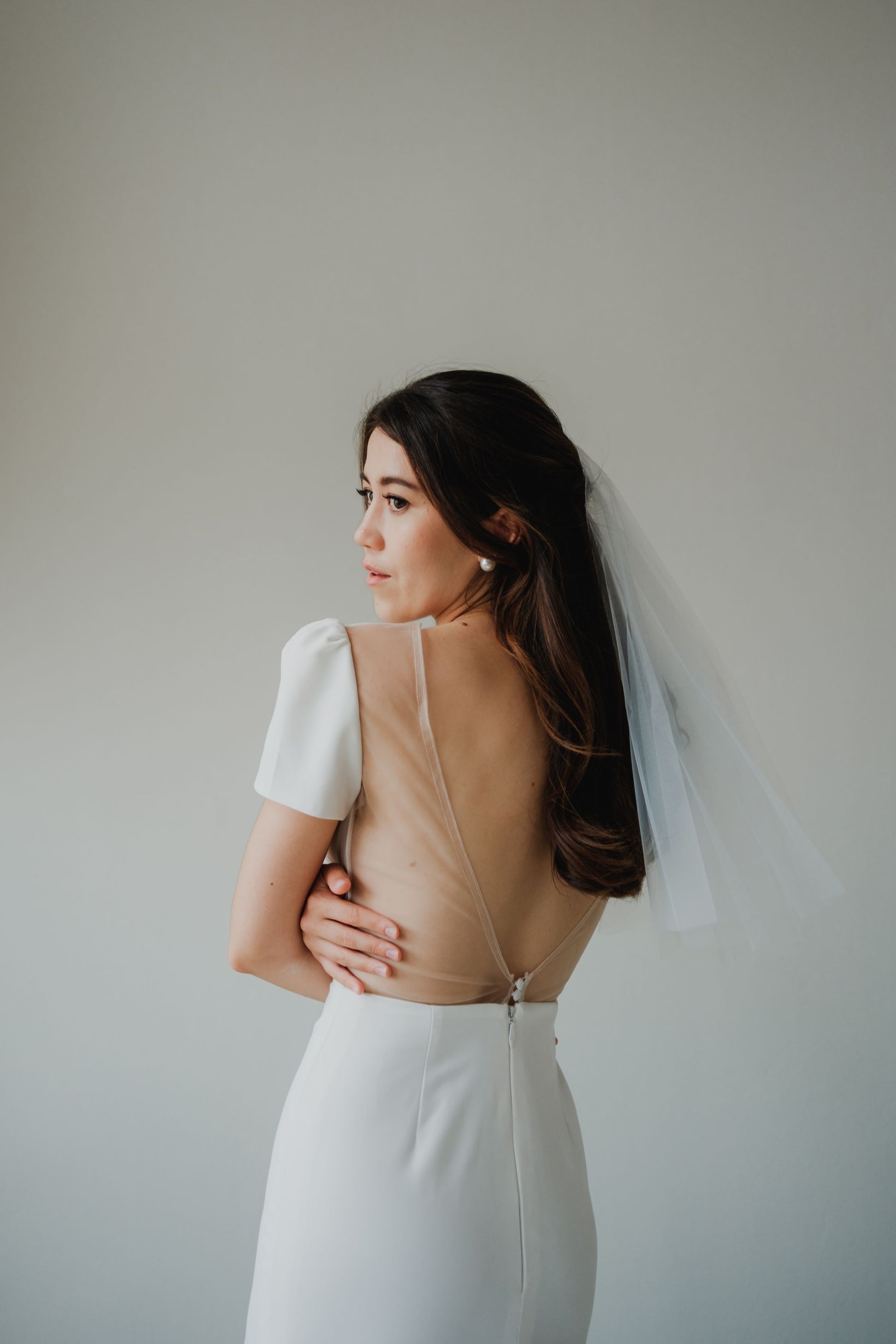 Yvette Plunging V-neck Short Cap Sleeves Minimal Wedding Dress | Low V back with Nude Mesh Column Sheath Skirt | Bone & Grey Bridal