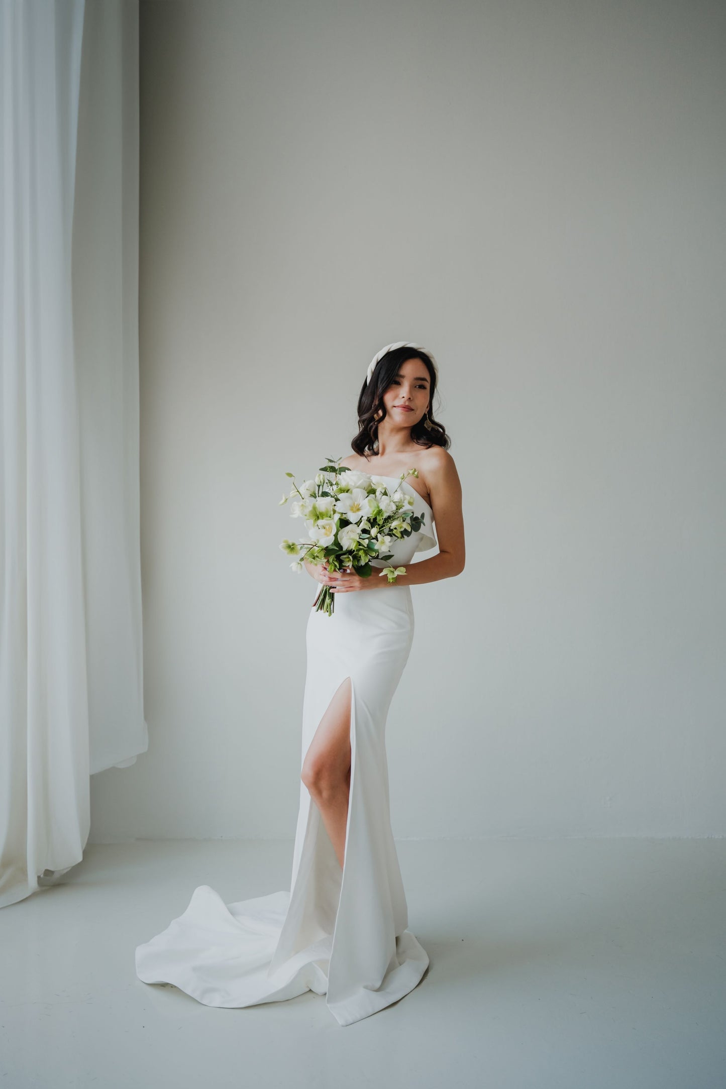 Olivia Frilly Strapless Crepe Minimal Wedding Dress | Column Sheath Skirt with Slit | Bone & Grey