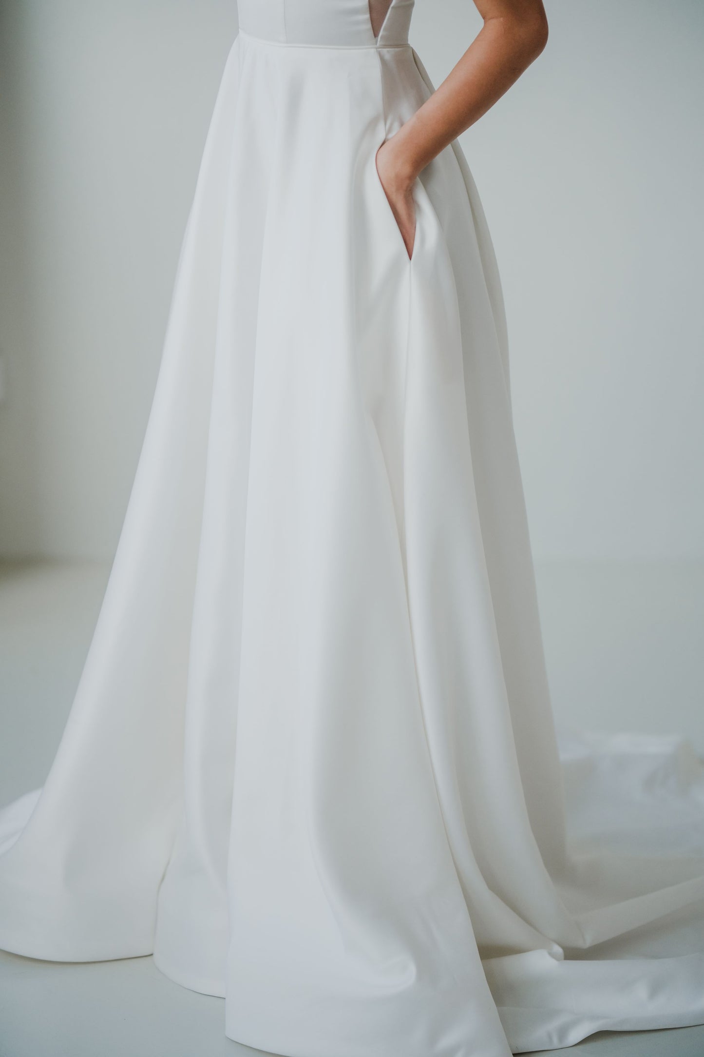 Diana Square Neck A-line Satin Minimal Wedding Dress | Low UV back with Nude Mesh Cutouts and Pocket | Bone & Grey Bridal