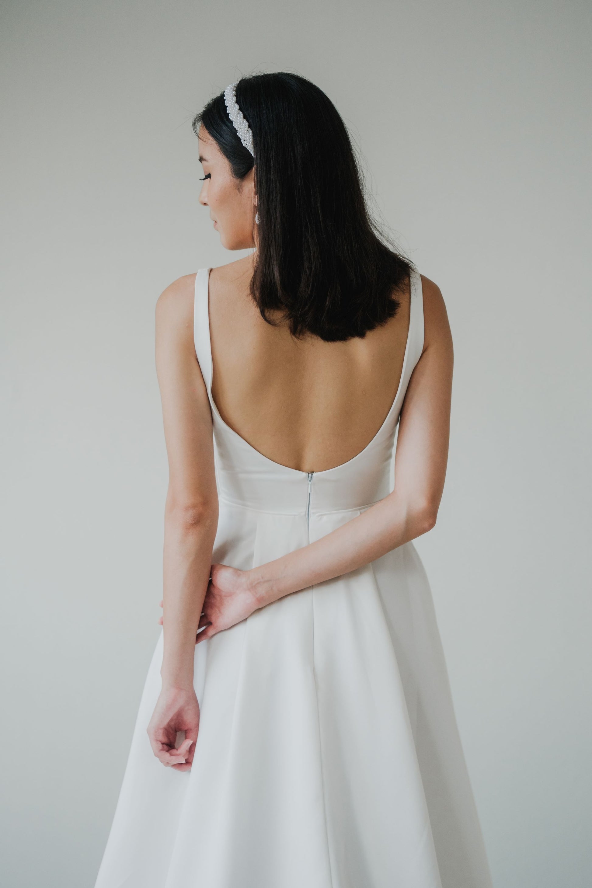 Diana Square Neck A-line Satin Minimal Wedding Dress | Low UV back with Nude Mesh Cutouts and Pocket | Bone & Grey Bridal