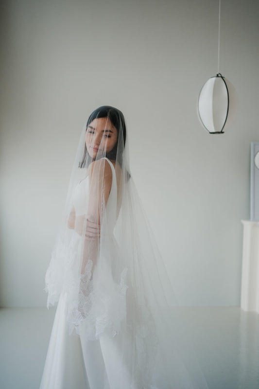 Everdeen Floral Edge Embroidery Tulle Cathedral Veil | Bone & Grey Bridal Accessories