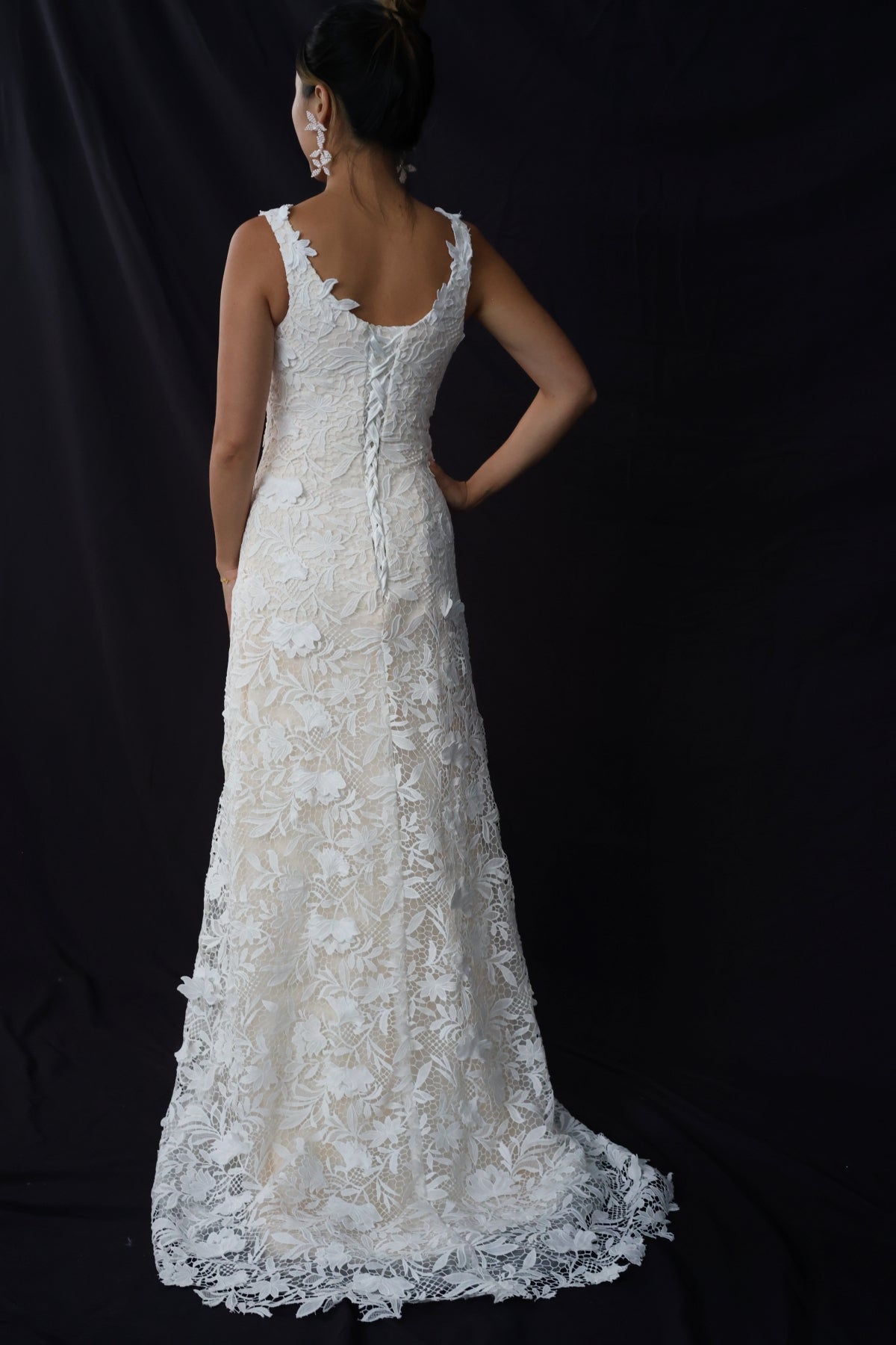 Florence Square Neck Guipure Lace Column Wedding Dress | Bone and Grey Bridal | Affordable minimal wedding dresses online Canada Singapore USA