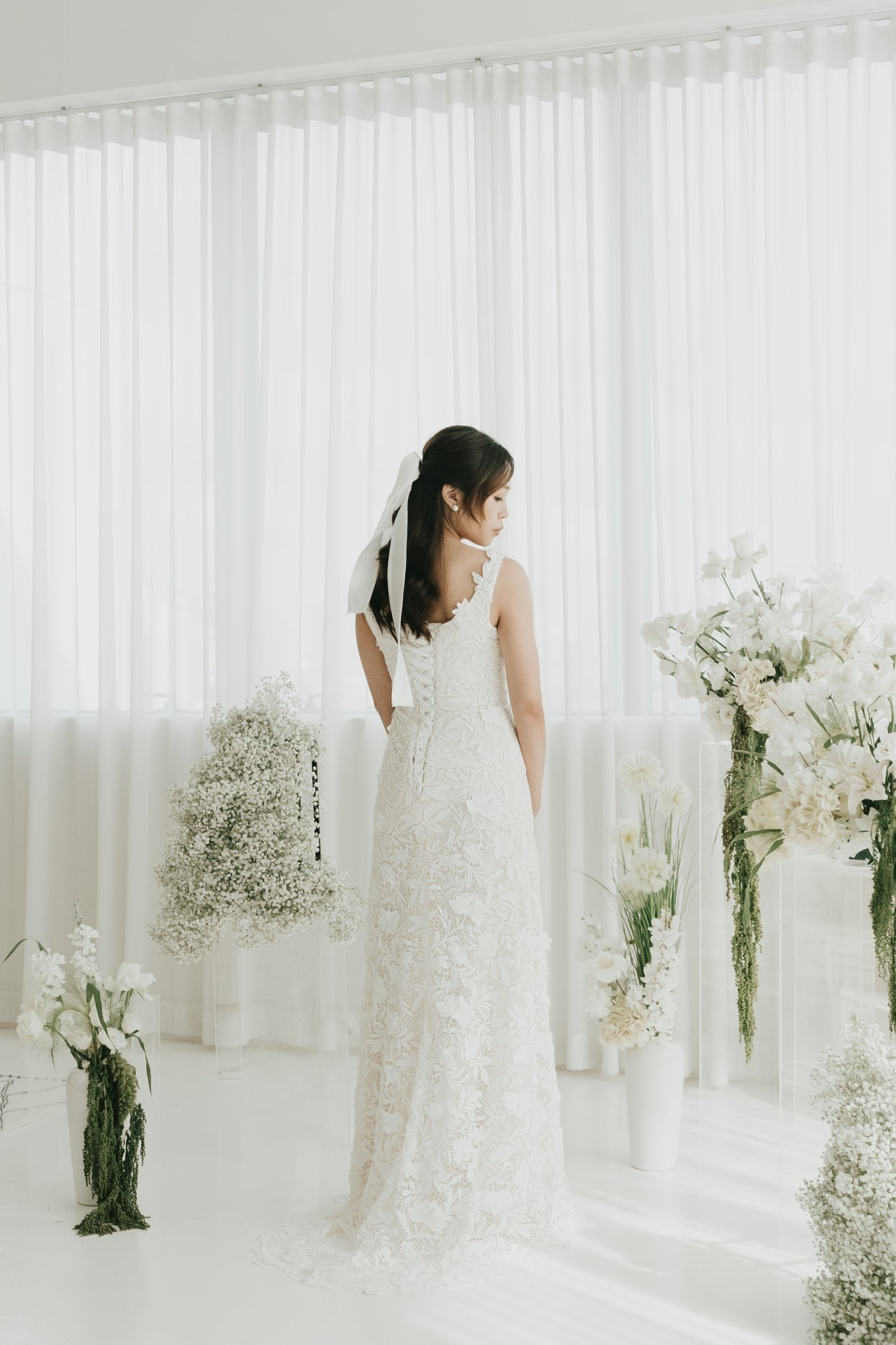 Florence Square Neck Guipure Lace Column Wedding Dress | Bone and Grey Bridal | Affordable minimal wedding dresses online Canada Singapore USA