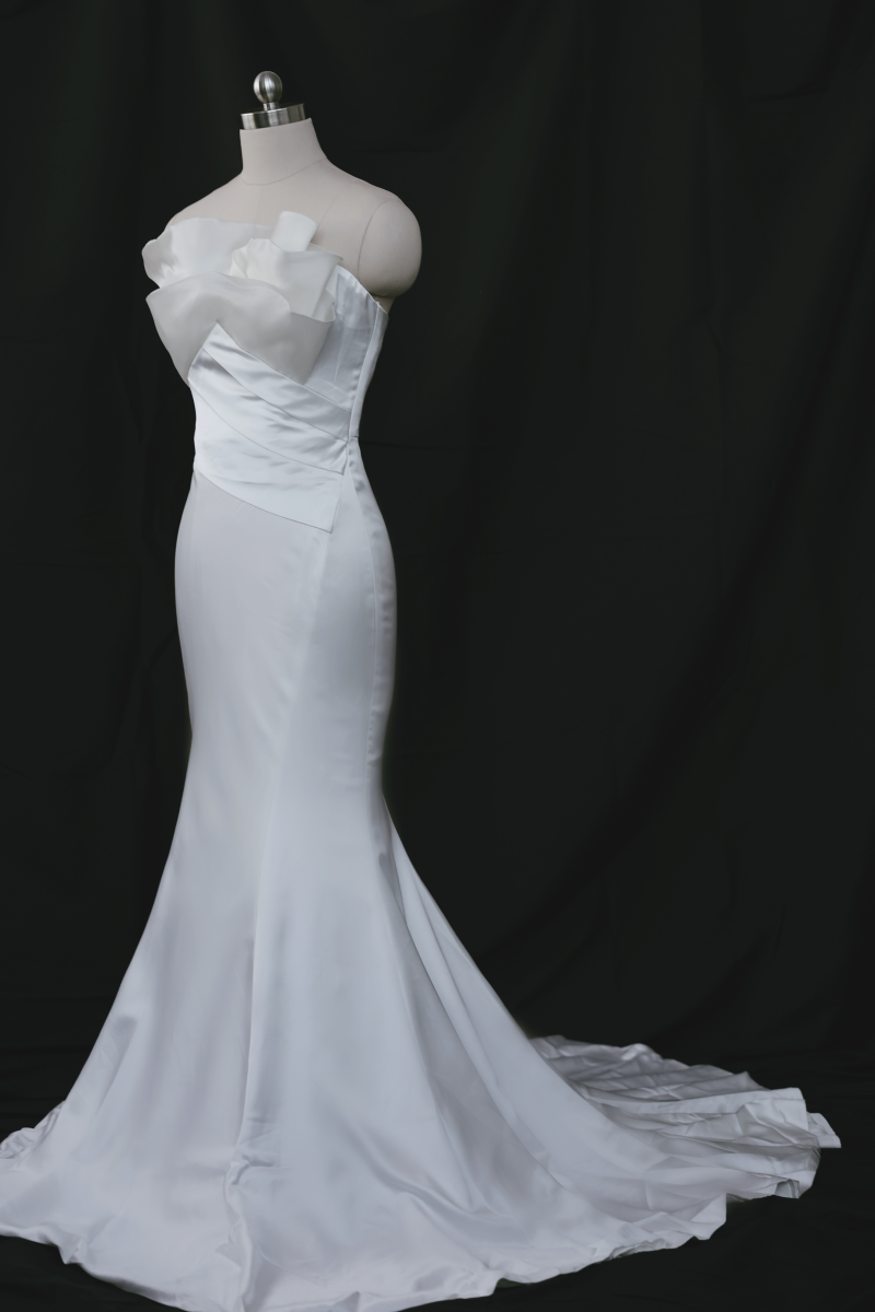 Vera satin minimal trumpet fit n flare gown with organza | Bone and Grey Bridal
