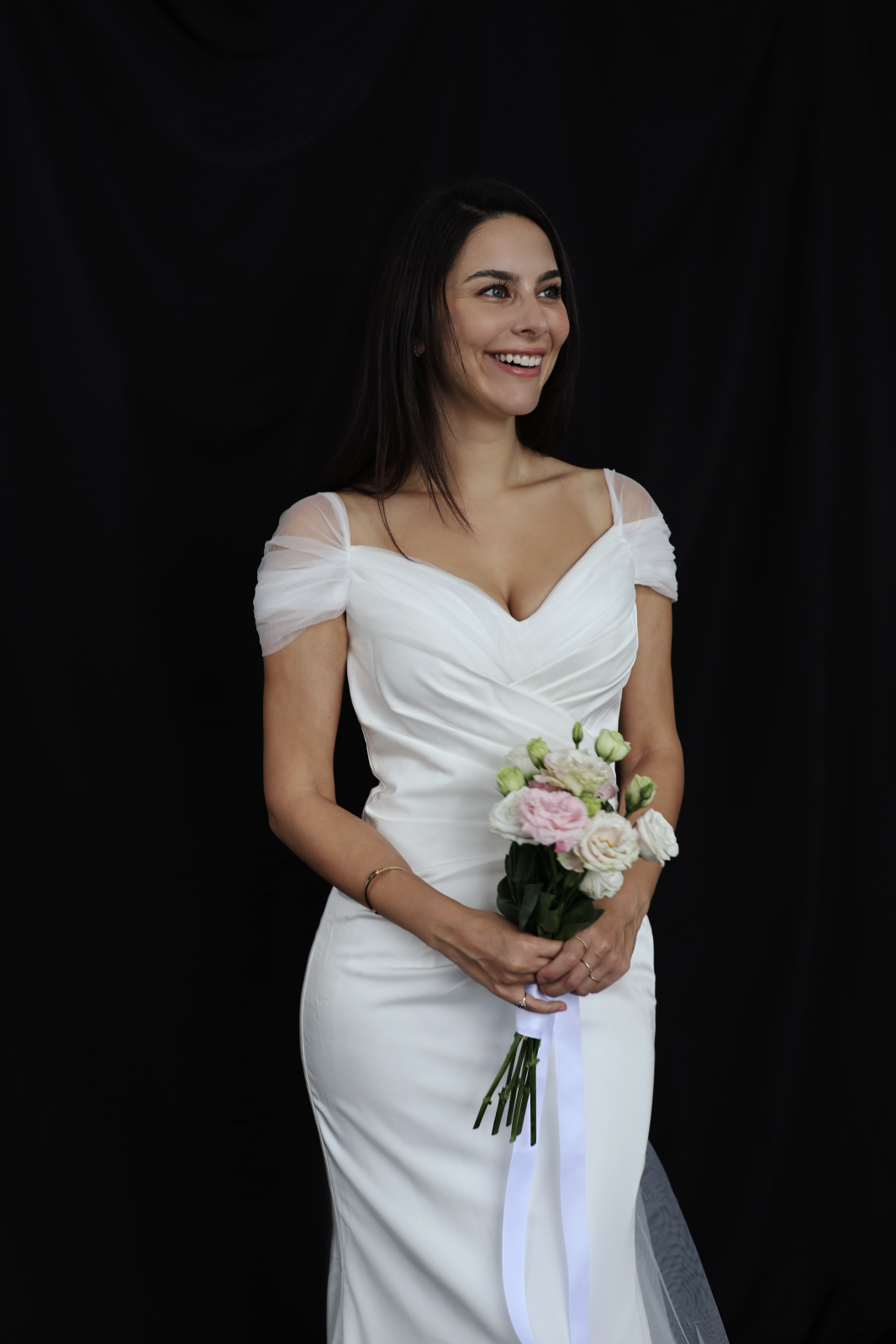 Mona Off-the-Shoulder Fit n' Flare Crepe Tulle Wedding Dress | Bone and Grey Bridal | Affordable minimal wedding dresses Canada Singapore USA