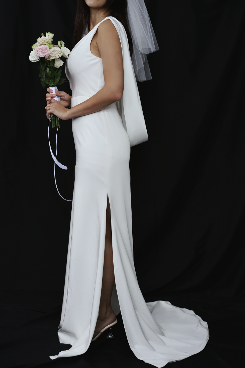 Celeste V-Neck Crepe Minimal Wedding Dress | Bone & Grey
